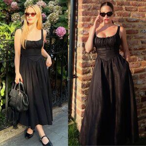 Reformation Balia Linen Midi Dress Black Scoop Neck Bow Size 2